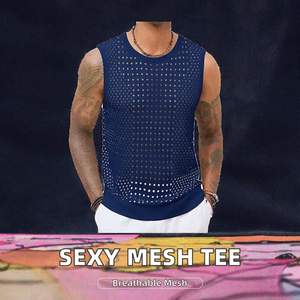 High Quality Summer Sleeveless Solid Casual Regular Fit <b>Fishnet</b> Mesh Sheer Sexy Party Clubwear T-Shirt Wholesale Breathable - Product Image 2