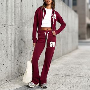 Women's Casual Breathable Plus Size Two Piece <b>Sweat</b> Set Zip Hoodie Crop <b>Tops</b> Sweatshirt High Waist Pants Joggers OEM - Product Image 4