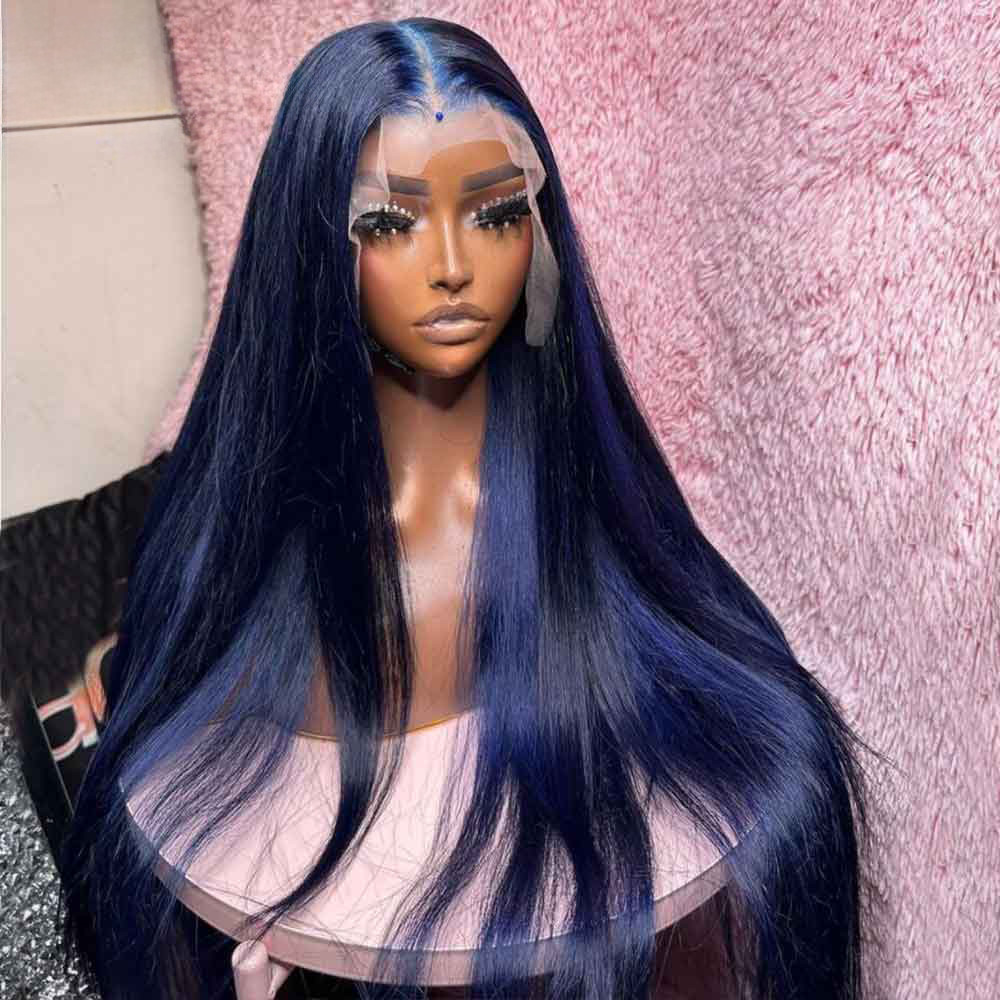 Natrual Noir Bleu Faits Saillants Perruque Mélange Piano Couleur Droite Pré Pincée Hd Transparent Lace Front Raw Vierge Perruques de Cheveux Humains