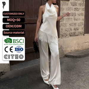 Elegante Conjunto de Satén Blanco para Mujer, Top Halter sin Espalda con Pantalones Anchos de Pierna Larga con Volantes, para Primavera/Verano - Product Image 1