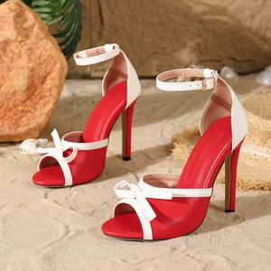 Eleganti Sandali Rossi e Bianchi con Fiocco a Contrasto, Sexy Peep Toe con Tacco a Spillo e Cinturino alla Caviglia per Donna - Product Image 5