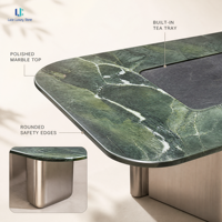 Table à manger rectangulaire en marbre vert avocat Luca |   Plateau en pierre affinée avec base en métal, sur mesure pour hôtel, villa, salle à manger, tailles personnalisées, OEM