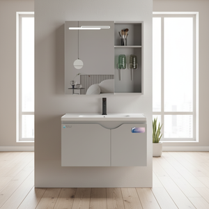 ארון אמבטיה מודרני מנירוסטה מבית WJL, כיור קרמי משולב, ארון מראה, סט ארון אחסון לחדר אמבטיה - מבוקש מאוד. - Product Image 1