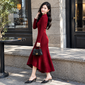 Women's Red Knitted Midi Sweater <b>Dress</b> Long Sleeve Mandarin Collar Fit And Flare Asymmetric Chinese Style Autumn Wear - Product Image 4