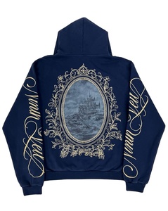 Felpa con Cappuccio Oversize Invernale Jakis Christ 'The Ninth Veil' con Stampa Scritta e Cerniera, Foderata, Stile Gotico Streetwear Blu Navy - Product Image 1