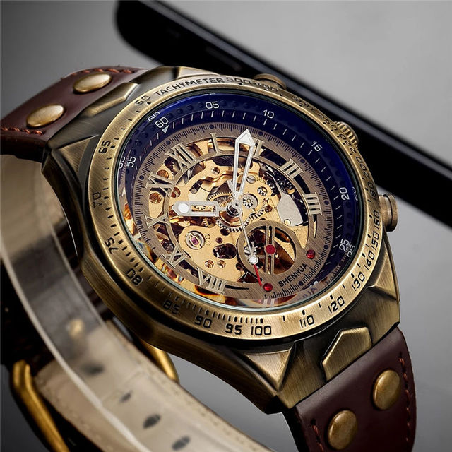 SHENHUA Vintage Automatic Mechanical Transparent Skeleton Watch Leather Strap Analog Dial Charm Design Men's Luxury Watch