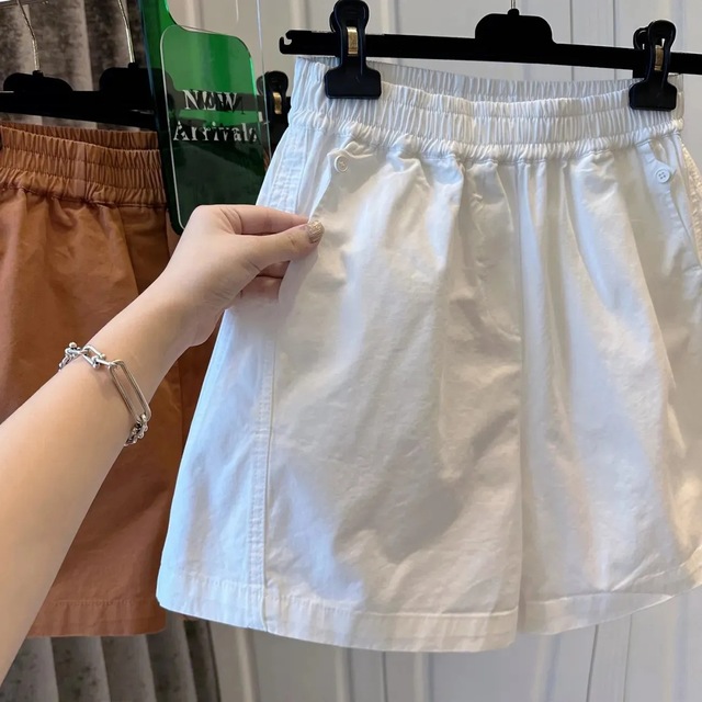 2025 Summer New Style Women's Pure Cotton Elastic Wide Leg Pants XS High Flap Pocket Shorts Button Stitching Casual Loose Fit
