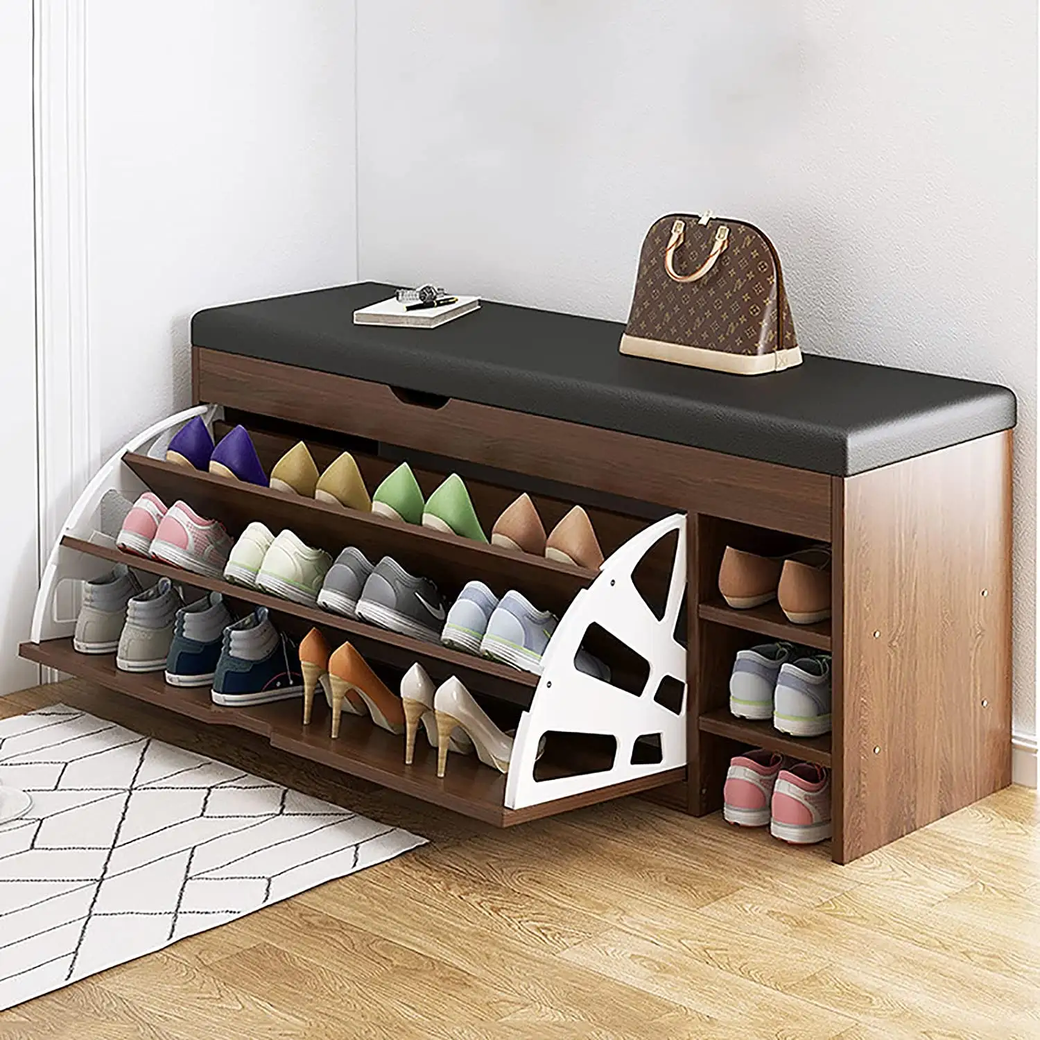 Factory Direct Sale Leather Entryway Shoe Rack Bench Seat Wood Shoe Storage Cabinet