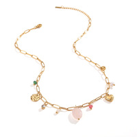 Collier personnalisé populaire en acier inoxydable plaqué or 18 carats avec chaîne trombone et breloque perle en pierre naturelle
