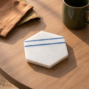 Hexagon Stone Coaster With Blue Stripes Modern <b>Table</b> <b>Mat</b> Heat Resistant Design Natural Marble Design Low Price <b>Table</b> Decor - Product Image 1