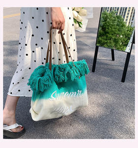 Nouveau design, vente en gros, grands sacs à bandoulière pour la plage, sac fourre-tout en toile brodé en coton pour femmes avec pompon - Product Image 6