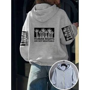 Sudadera de manga larga nueva para mujer, talla grande, con estampado múltiple FREEDOM JUSTICE EQUALITY, con cremallera frontal completa y capucha. - Product Image 3
