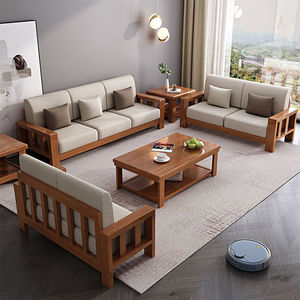 Hengke Furniture Solid Wood Sofa Set 3+2+1 Modular Living Room Fabric Sofa <b>Walnut</b> Beech Color - Product Image 2