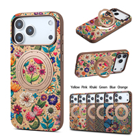 Étui de téléphone magnétique vintage en liège à motif floral coloré avec béquille rotative compatible avec les séries Apple 18/17/16/15/14