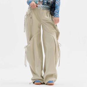 กางเกงคาร์โก้ขายส่ง ผ้าฝ้าย 100% สไตล์เรโทร เอวสูง สีกากี ทรงตรง ขากว้าง สวมใส่สบาย ยางยืด เอวหลวม สำหรับผู้หญิง - Product Image 2