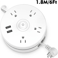 Multiprise murale à fixation murale avec prise américaine, 1500W, câble rétractable circulaire de 1,8m, 4 prises CA et port USB-A, pour la maison et les voyages