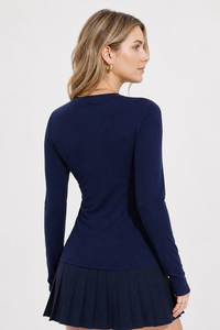 Women's Cropped Long Sleeve <strong>Top</strong> Notch V Neck Fitted Slim Stretch Nylon Casual <strong>Navy</strong> Minimalist <strong>Ladies</strong> Crop <strong>Top</strong> - Product Image 3