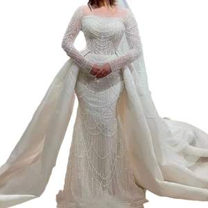 Nuevo Vestido de Novia Blanco para Mujer 2025 con Sobrefalda Desmontable de Lujo Estilo Sirena y Manga Larga con Perlas Personalizable para Dama - Product Image 4