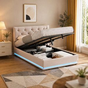 <span class=keywords><strong>Lit</strong></span> plateforme moderne en <span class=keywords><strong>velours</strong></span> <span class=keywords><strong>beige</strong></span> capitonné avec rangement hydraulique et éclairage LED, taille double, pour chambre à coucher - Product Image 6