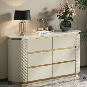 Entrée de la salle à manger de luxe <span class=keywords><strong>Buffet</strong></span> en bois avec dessus en marbre <span class=keywords><strong>Buffet</strong></span> avec tiroir de rangement Console dorée Armoire de cuisine en cuir blanc - Product Image 1