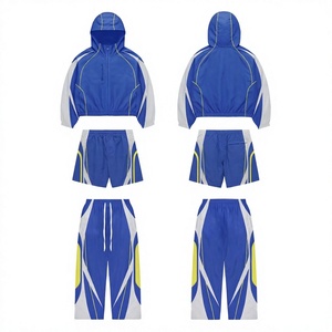 Conjunto Deportivo Unisex Azul con Diseño Geométrico, Sudadera con Capucha y Cremallera, Pantalones Cortos de Secado Rápido, Ropa Deportiva de Poliéster para Verano, Adultos - Product Image 3