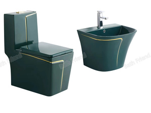 Set Sanitario Moderno Blu Rotondo per Bagno, WC Monoblocco in Ceramica, Lavabo con Colonna, Set Completo - Product Image 3