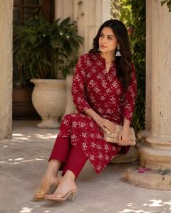 Elegant Cherry <b>Red</b> Floral Print Rayon Kurta Pant Set Lightweight Breathable Rayon Fabric Comfortable Casual Office Wear Ethnic - Product Image 2