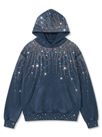 Hoodie Fleece 100% Katun Ukuran Besar Vintage Wash Bordir Rhinestone Resleting Depan Sweatshirt Longgar Bermotif Polos Berlapis