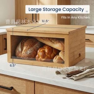 Bamboo Bread <b>Storage</b> <b>Box</b> With Lid Solid Wood Kitchen Bread <b>Bin</b> Flip Cover Design - Product Image 3