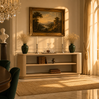 Table basse console en bois massif robuste avec surfaces à rainures verticales, coins arrondis et bordures courbes pour la décoration du salon de villa
