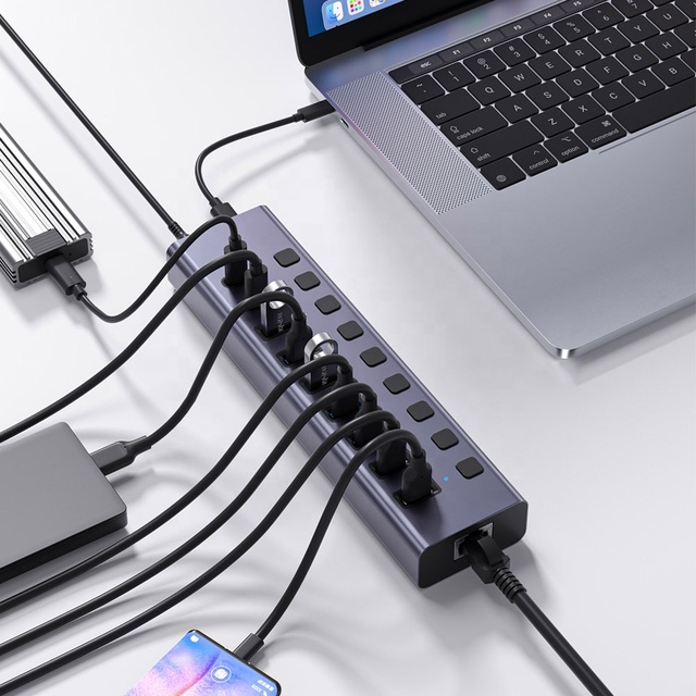 10 Multiply Port Powered USB Hub 5Gbps USB a Type C Individual Switches and 12V 2A Power Adapter USB Splitter for Laptop or PC