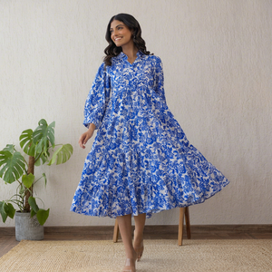 BLUE & <b>WHITE</b> COTTON <b>MAXI</b> WOMEN COTTON DRESS LIGHT WEIGHT COMFORTABLE AND BREATHABLE BEAUTIFUL PRINT THAT ADD A TOUCH OF CHARM - Product Image 1