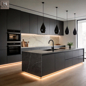 Ensemble d'armoires de cuisine modernes et minimalistes sur mesure en contreplaqué avec panneaux plats, îlot de cuisine de luxe en <span class=keywords><strong>bois</strong></span> grainé - Product Image 2