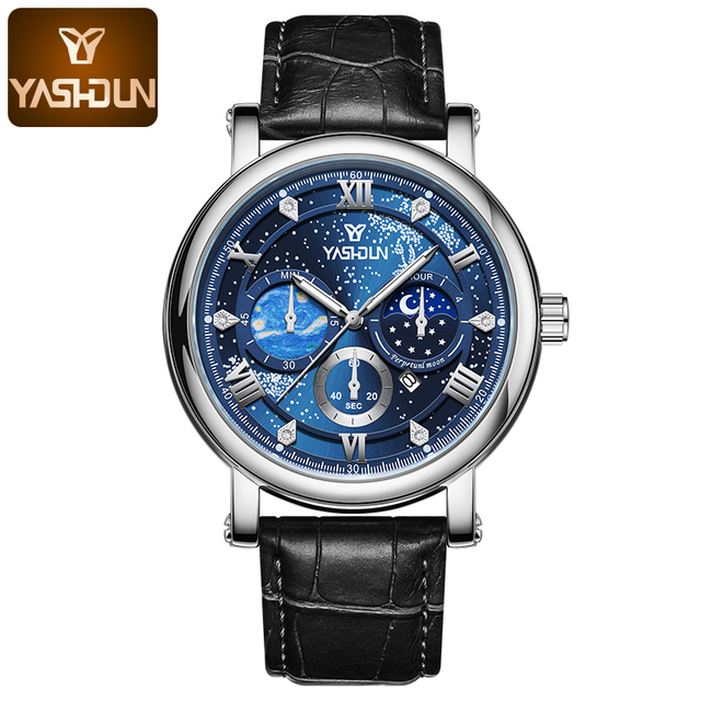 YASHUN Men's Decorative Starry Sky Quartz Watch, Leather Strap Luxury Analog Wristwatch for Men