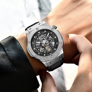 LIGE Men's <b>Automatic</b> Mechanical <b>Skeleton</b> <b>Watch</b> Stainless Steel Case 43mm Glass 20mm Luxury Silver Black Silicone Strap 30Bar - Product Image 3
