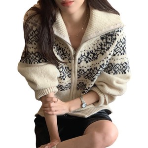 신상품 편안한 맞춤 빈티지 크리스마스 럭셔리 따뜻한 가을 가디건 여성용 하이넥 지퍼 긴팔 루즈핏 니트 - Product Image 5