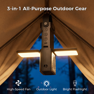 Ventilateur de camping portable 3 en 1 avec lumière LED, ventilateur de refroidissement haute vitesse rechargeable 3000 mAh pour tente, randonnée, voyage en plein air - Product Image 2