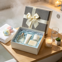 Caja de Regalo para Perfume con Tapa con Lazo en Relieve, Cinta de Satén Gris Crema, Loción, Jabón, Vela, Toalla, Bomba de Baño, Venta al por Mayor