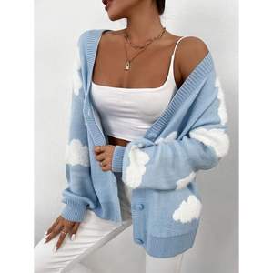 เสื้อคาร์ดิแกนไหมพรมพิมพ์ลายเมฆสำหรับผู้หญิง แขนยาว คอวี เปิดด้านหน้า สวมใส่สบาย ไม่เป็นขุย - Product Image 3