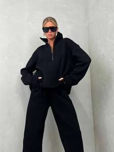 Ensemble de survêtement pour femme RUIQUWIN, automne, poids lourd, respirant, manches longues, col montant, fermeture éclair, coupe ample, doux, confortable, sweat-shirt - Product Image 3