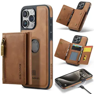 Étui portefeuille à rabat magnétique en cuir avec poche pour cartes détachable pour iPhone 15 pro max 14 plus 13