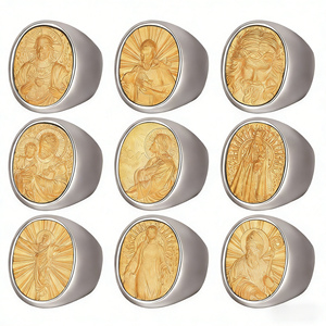 Bague de mode en acier inoxydable pour homme, style Hip Hop Punk Gothique Religieux Chrétien Catholique, motif portrait et symbole de foi, vente en gros fabricant - Product Image 1