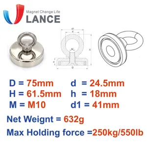 550LBS/250kg D75mm 카운터 구멍을 가진 1 개의 측 최고 강한 네오디뮴 낚시 자석