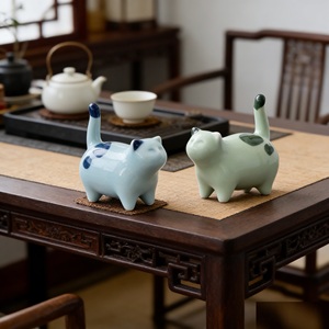 Cute Animal Kitten Glazed Pottery Ornament for Bedroom Lucky Wealth Small <strong>Cat</strong> <strong>Figurine</strong> - Product Image 1