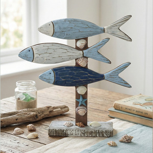 Mediterranean Wooden Fish <b>Ornament</b> Set 3D Decor For Living Room Desktop Vintage Ocean Breeze Style - Product Image 2