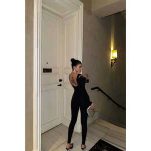 Mono de mujer negro con cuello cuadrado y lazo, estampado personalizado para fiestas de verano, de una pieza, largo midi. - Product Image 1