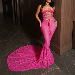 Nuevo Vestido Largo Sexy de Encaje con Malla y sin Tirantes para Mujer, a la Moda - Product Image 3