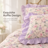 Parure de lit 3 pièces 100 % coton à motif floral violet, housse de couette à volants style princesse, imprimé réactif, couvre-lit pastoral