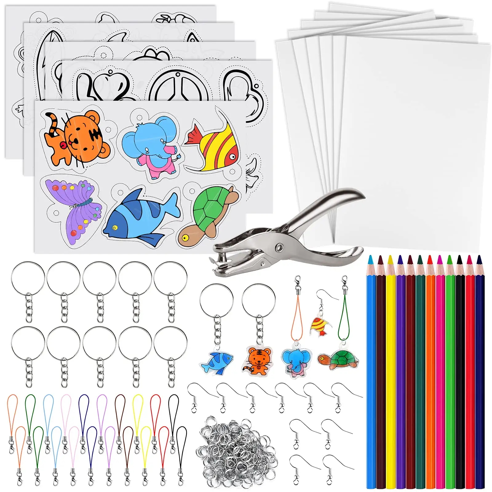 Kit per la produzione di portachiavi in foglio di plastica termoretraibile da 168 pezzi per confezione con penne colorate e strumenti