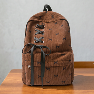 Sac à dos décontracté et élégant pour filles avec nœud, fermeture éclair et en velours côtelé - Product Image 3